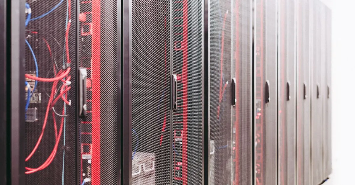 Network cabling and servers in a data centre rack